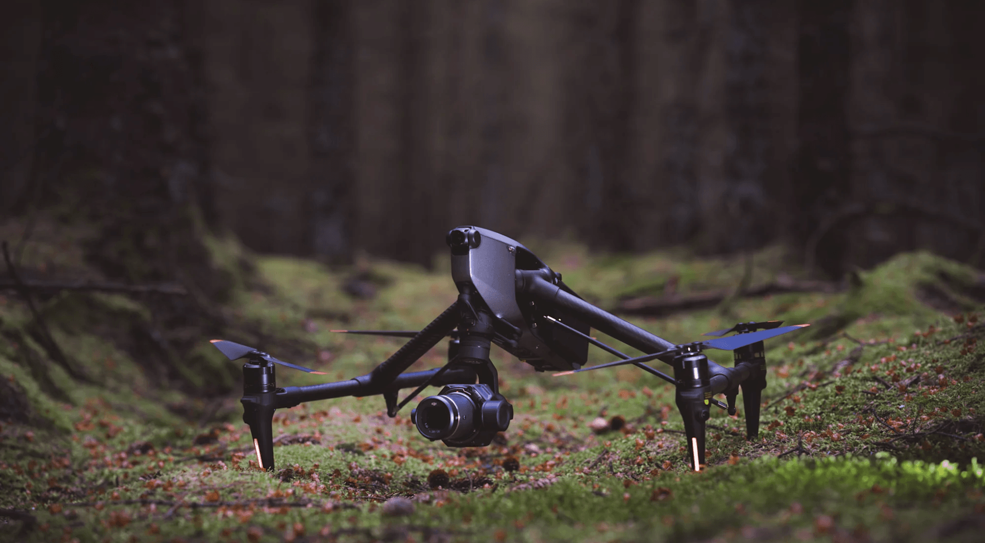 Professional cinema drone with gimbal camera on location for commercial media production