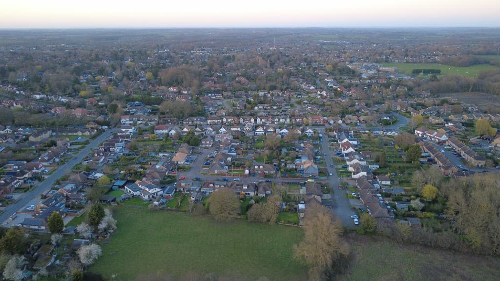 Aerial view across homes and green space in Brentwood, Essex