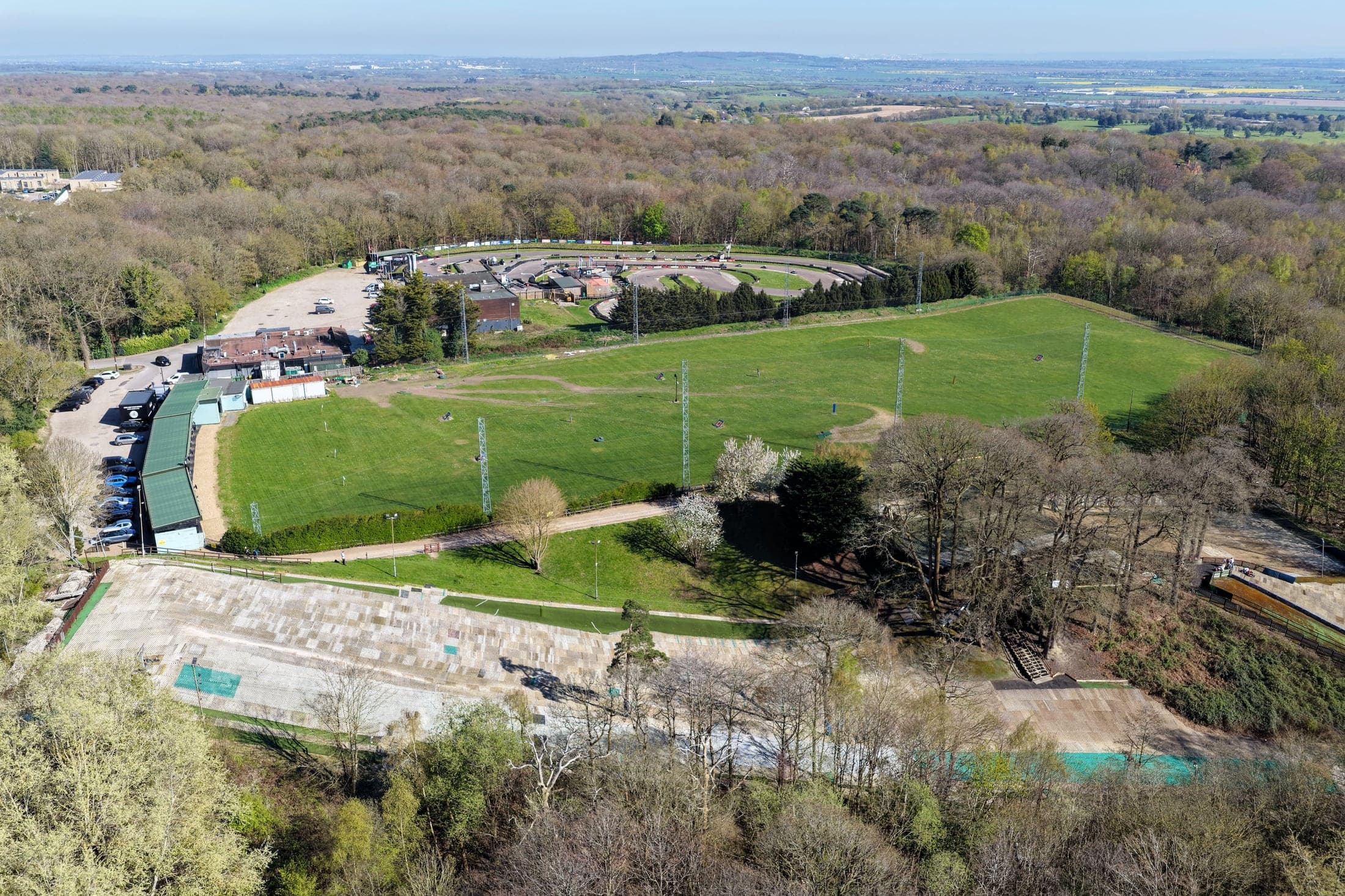 Aerial view across an outdoor sports site in Essex