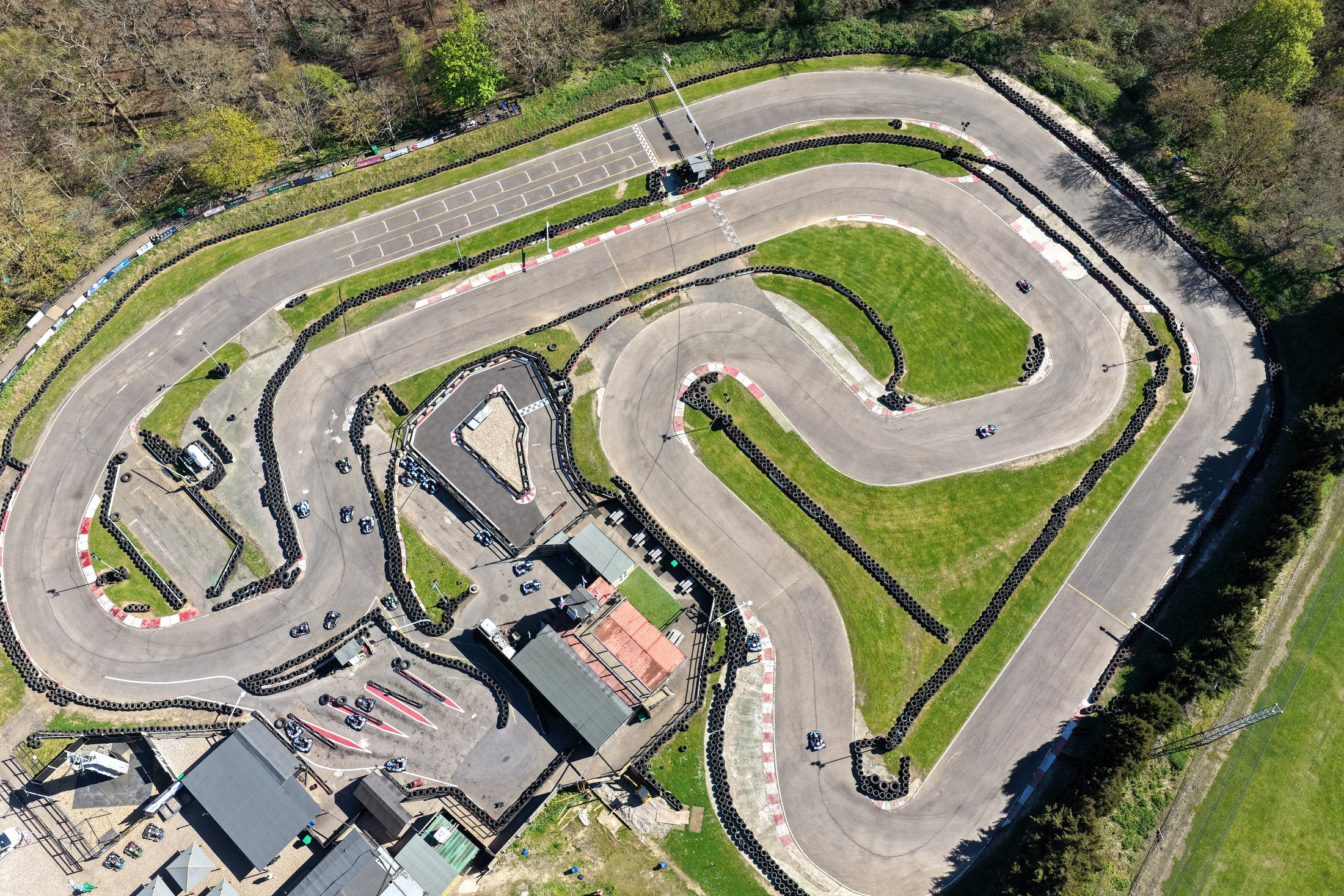 Top-down aerial view of a karting circuit near Brentwood, Essex