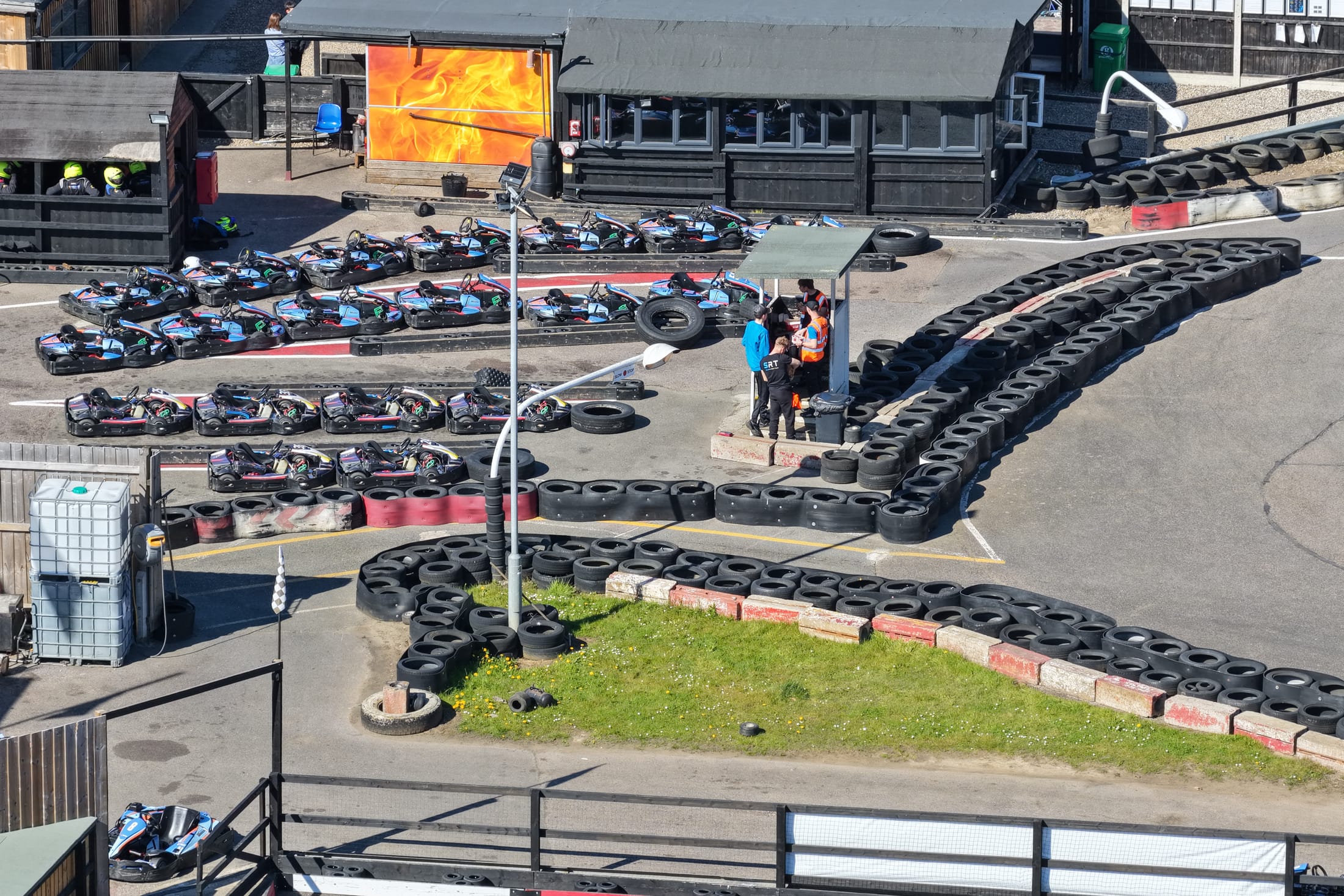 Aerial detail of the karting paddock and trackside activity